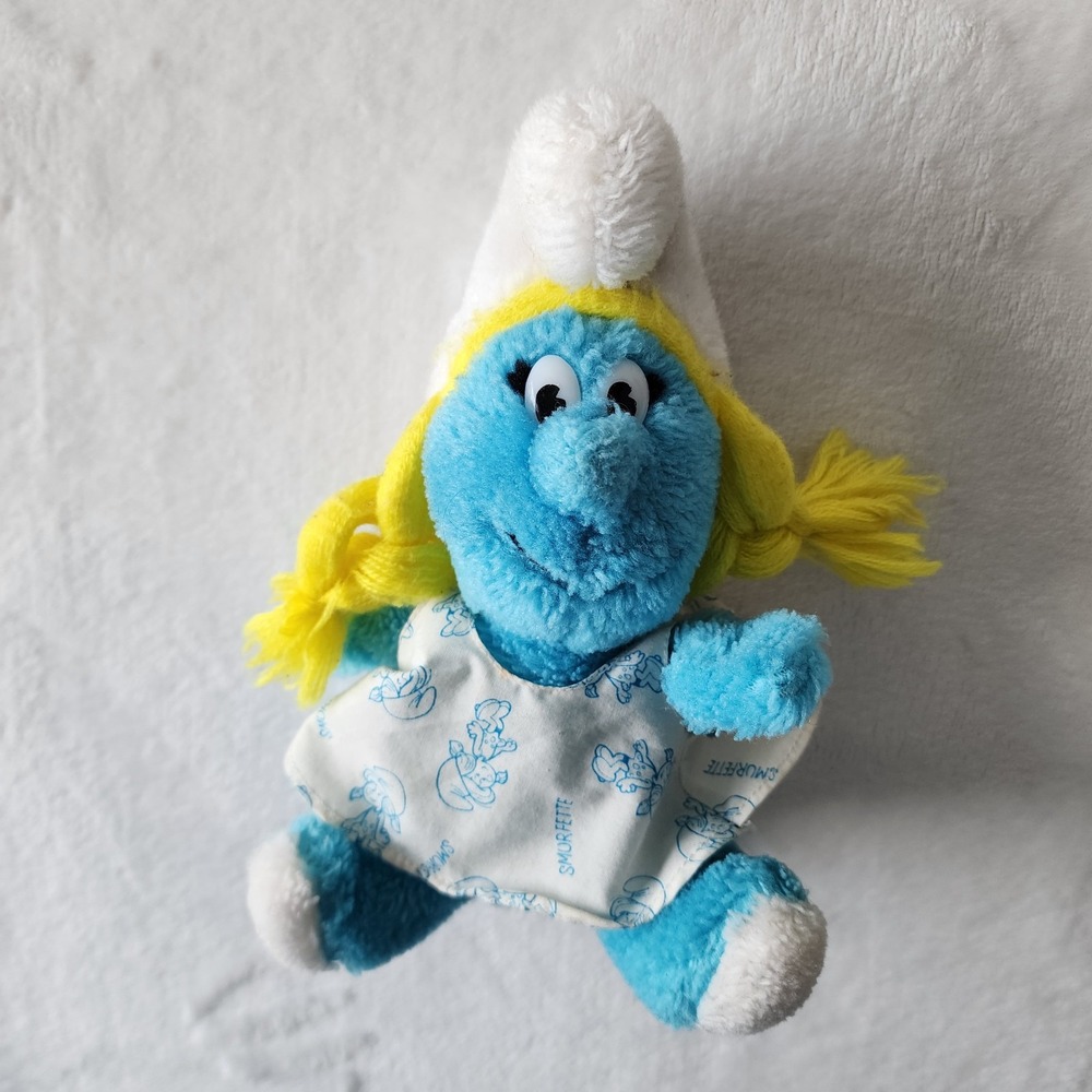 Vintage 1981 Smurfette Plush Peyo Ganz Smurf Stuffie Toy Sitting Dress Hat 8"